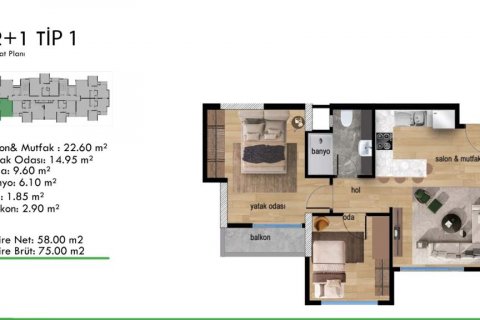 Продажа квартиры  в Мерсине, Турция 3 комн., 75м2, №185987 – фото 28