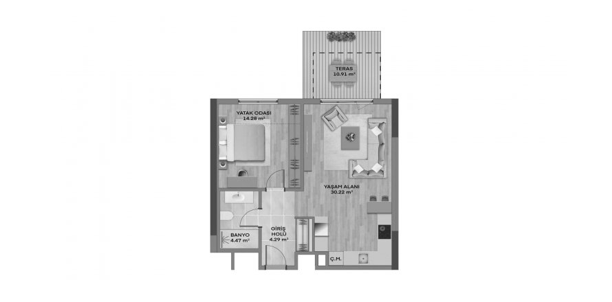 Floor plan «1BR-49», 1+1 in building «Block 02 Tema 2» Tema 2